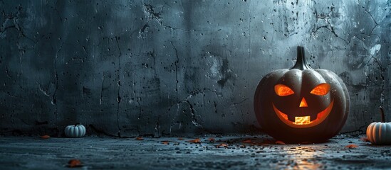 Poster - A Halloween-themed arrangement featuring a jack-o'-lantern decoration displayed on a concrete surface, with space for adding text or other images. Copy space image. Place for adding text and design