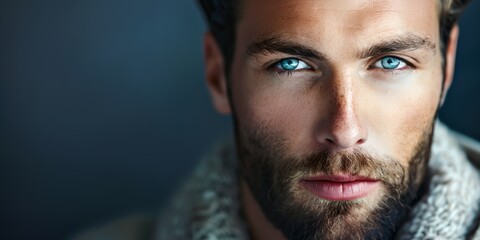 Wall Mural - A man with a beard and blue eyes is wearing a white sweater. He has a serious expression on his face