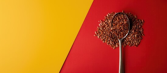 Aufkleber - Flax seeds on a tray beside a spoon on a colorful background with copy space image.