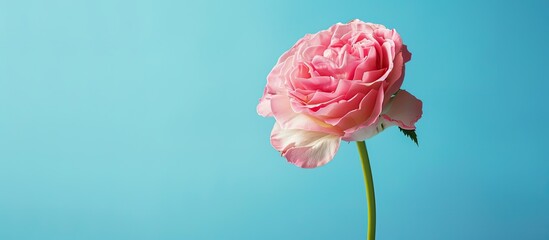 Aufkleber - Pink rose flower against blue backdrop with copy space image.