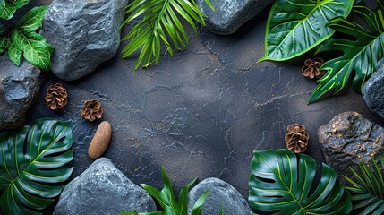 Wall Mural - Elegant Tropical Leaves and Rocks Pattern with Space for Text or Product Display