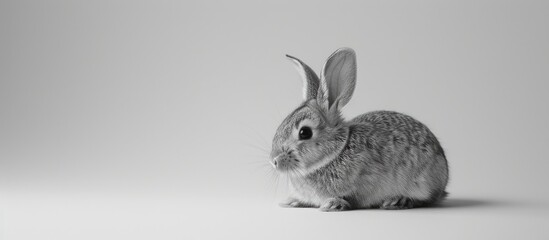 Poster - Black and white adorable rabbit on a white background with copy space image.
