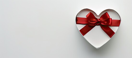 Poster - Valentine's Day luxury gift: Heart-shaped white box with red ribbon on white backdrop. Top-view copy space image.
