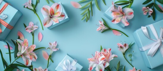 Aufkleber - Blue background with Alstroemeria flowers, gift boxes perfect for congratulations. Natural colors greeting card with a flat lay top view, ideal as a background for text. Includes copy space image.