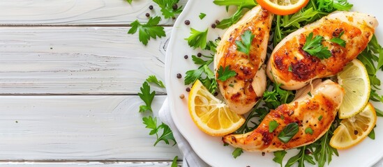 Aufkleber - Healthy chicken breasts topped with parsley and citrus on a white wooden backdrop in a top view copy space image.