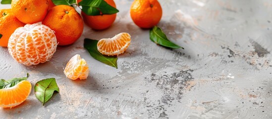 Poster - Close-up image with a selective focus on whole and peeled clementines with leaves. Set on a light gray rustic backdrop with room for text, offering a narrow depth of field. Copy space image