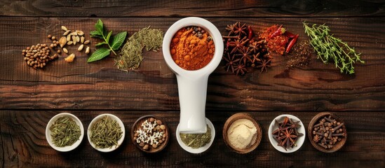 Poster - Various herbs and spices arranged in a mortar, alongside dried seasonings, displayed on a dark wooden tabletop with a top-down view for copy space image.