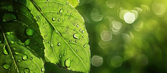 Wall Mural - Detailed close-up of a green leaf against a blurred green background in a sunlit garden after rain, perfect for eco-themed concepts with copy space image.