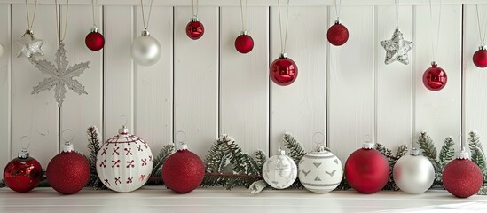 Aufkleber - Christmas decorations displayed against a white wooden backdrop, with ample copy space image available.