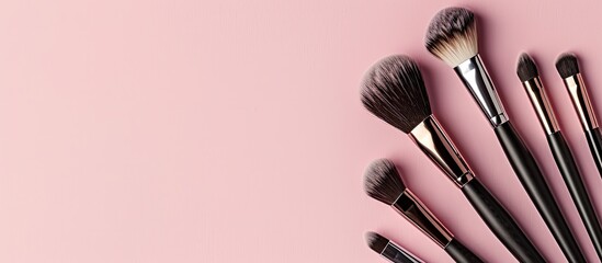 Poster - Glamorous makeup brushes displayed on a soft pink backdrop in a cosmetics store banner, showing visagist tools from a top view with a creative flat lay and copy space image.