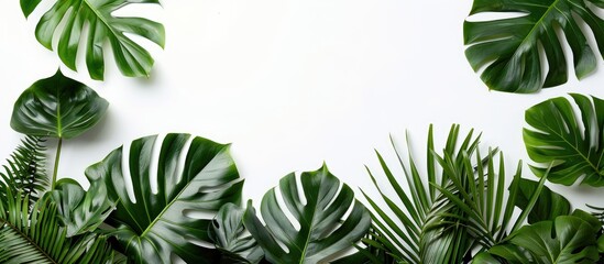Fototapete - Bird's eye view of tropical palm leaves and Monstera plant on a white backdrop, with ample copy space image.
