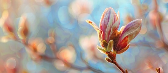 Poster - Close-up flower bud against an almond blossom-filled spring sky, creating a serene and picturesque copy space image.