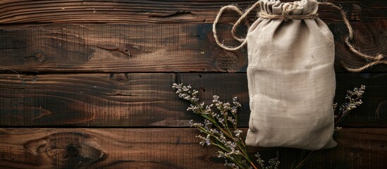 Wall Mural - Wooden table as a backdrop for a drawstring pouch with copy space image.