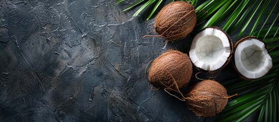 Aufkleber - Tropical coconut displayed on a dark stone surface with palm leaves, creating a refreshing and tropical atmosphere in a top-down view with room for your message in the copy space image.