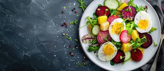 Poster - Top view of a salad on a white plate with herring, pickled cucumber, beet, potato, and eggs, featuring copy space image.