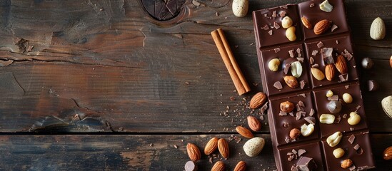 Dark chocolate bar with almonds, hazelnuts, and a cinnamon stick on a wooden background with space for text or other images. Copy space image. Place for adding text and design