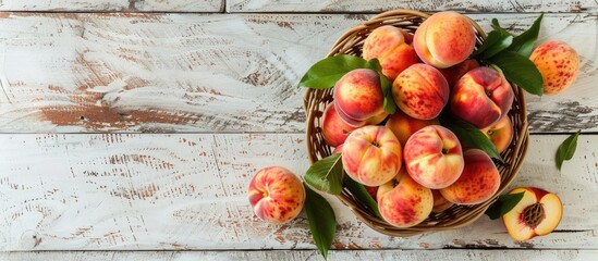 Poster - Top view of a basket of fresh organic peaches on a white wooden table, emphasizing clean eating. Ideal for text with a close-up shot showing beautiful copy space image.