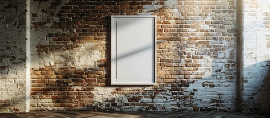 Poster - A picture frame hanging on a textured brick wall with copy space image.