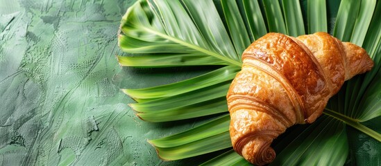 Aufkleber - A detailed image of a croissant placed on a banana leaf with space for additional content.