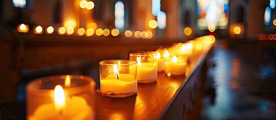 Leinwandbilder - Arrangement of lit candles in a row in a church with copy space image.