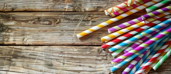 Poster - Vibrant paper straws on a rustic wooden backdrop for events and parties with centered focus offering space for text or designs. Copy space image. Place for adding text and design