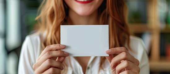 Aufkleber - Close-up of a woman holding a card with empty space for text or design. Copy space image. Place for adding text and design