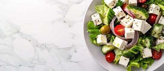 Poster - Top view of a Greek salad with feta cheese, providing ample copy space image.