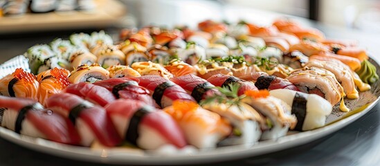 Aufkleber - Selective focus on a platter adorned with an array of sophisticated sushi varieties creating an appealing copy space image.