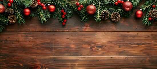 Poster - Festive Christmas decorations and spruce branches beautifully arranged on a wooden table, creating a charming holiday-themed copy space image.