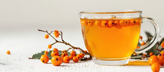 Poster - A glass cup filled with sea buckthorn tea mixed with orange and honey against a white background provides ample copy space image.