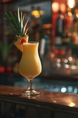 Wall Mural - A glass of a tropical drink with a pineapple on top. The drink is yellow and has a straw in it