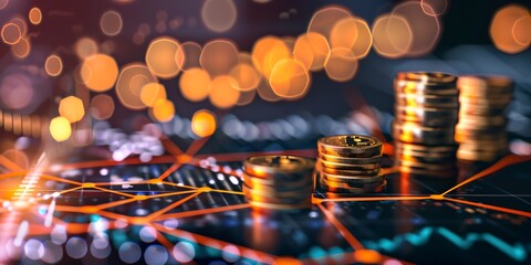 Poster - A stack of gold coins is on a graph with a lot of blurring and dots. The coins are arranged in a pyramid shape, with the top coin being the largest