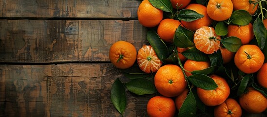 Wall Mural - Fresh organic Satsumas displayed on a rustic wooden surface with a provision for adding text or graphics. Copy space image. Place for adding text and design