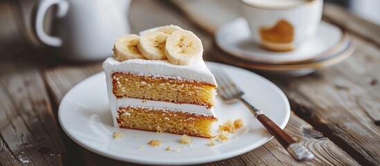 Wall Mural - Enjoying a slice of delicious banana cake for breakfast with a captivating copy space image.