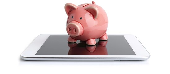 Poster - Tablet with a piggy bank placed on top, isolated on a white background, with space for text or other images. Copy space image. Place for adding text and design