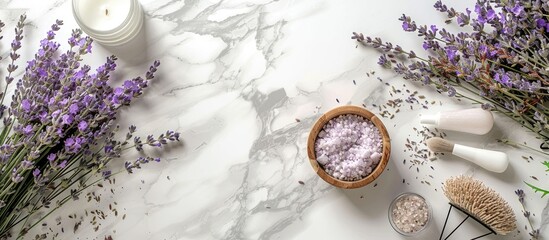 Poster - A lavender spa display featuring natural herbal cosmetics with lavender flowers on a marble background, providing room for text or other elements in the image. Copy space image