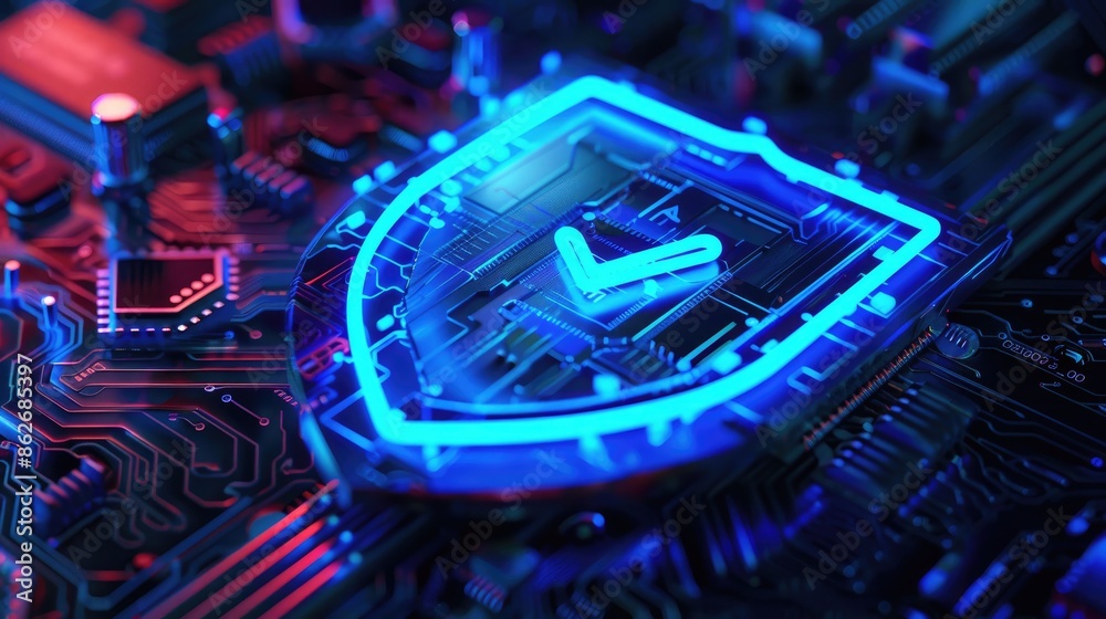 Illuminated shield with a checkmark symbolizing cybersecurity, Concept ...