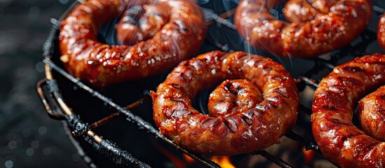 Aufkleber - Top-down view of barbecue grilled spiral pork sausages on a grill, set against a black background with ample space for additional content in the image.