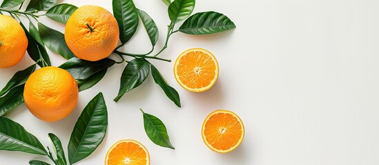 Poster - A picture of an orange with leaves against a white backdrop featuring ample copy space image.