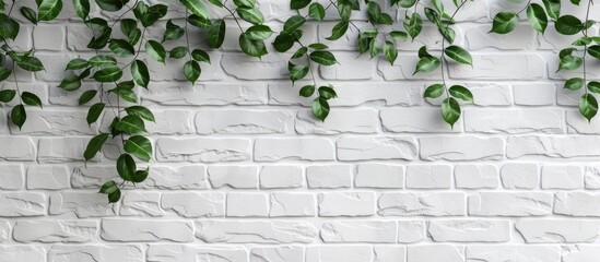 Aufkleber - a white brick wall with a mockup of leaves provides copy space image.