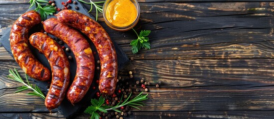 Poster - Delicious sausages with peppercorns, mustard on a wooden table, presenting a flat lay with ample copy space image. Meat product included.