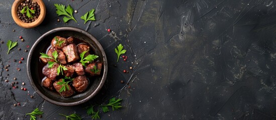 Aufkleber - Rustic top-view image of a chicken liver confit, a delectable appetizer or snack on the table with copy space in the background.