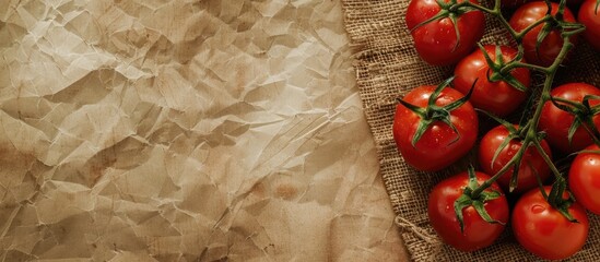 Poster - Top view of fresh red tomatoes on a rustic brown paper background with a burlap ribbon, perfect for a copy space image promoting a vegan, vegetarian, and healthy food message.