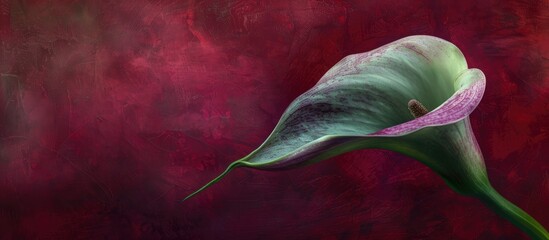 Aufkleber - A single detailed textured pastel green and violet calla flower against a dark red background creates a vintage-style still-life image with a fine art quality and copy space.
