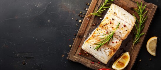 Aufkleber - Halibut fish steak on a wooden board against a black background from a top view, featuring copy space image.