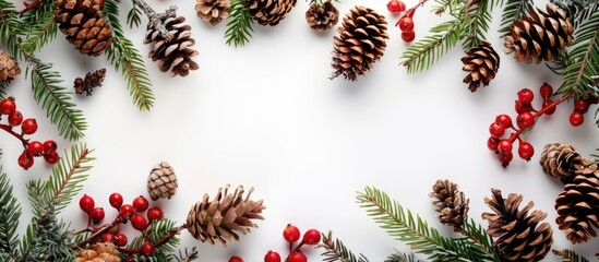 Wall Mural - A Christmas-themed green frame adorned with cones and holly berries set against a white background with empty space for text or images. Copy space image. Place for adding text and design