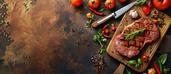 Wall Mural - Fresh meat Steak on cutting board with vegetables and herbs - selected focus in a ready-to-cook copy space image.