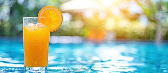 Sticker - Summertime vibes with a refreshing orange juice against a blurred pool backdrop. Evokes summer vacation themes with hand-drawn calligraphy lettering. Ideal for a copy space image.