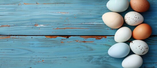 Aufkleber - Elegant raw chicken eggs displayed on a rustic blue wooden backdrop with ample copy space image.