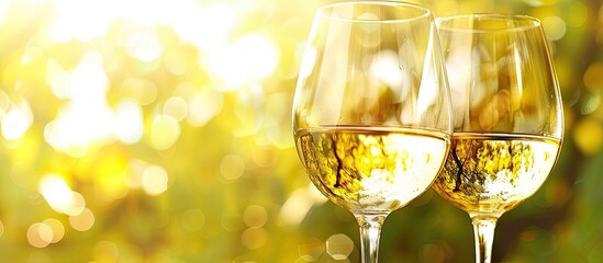 Leinwandbilder - Two glasses of white wine on a blurry background with empty space for text or images. Copy space image. Place for adding text and design